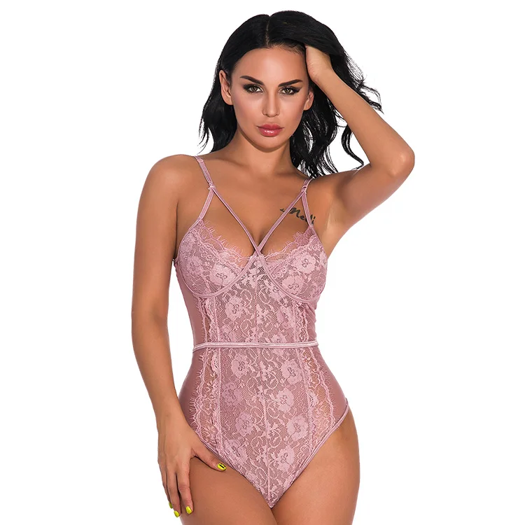 
Wholesale Fashion Bodysuit Thong Panties Lingerie Transparent V Neck Lace Sexy Push Up Sling One-piece Underwear 
