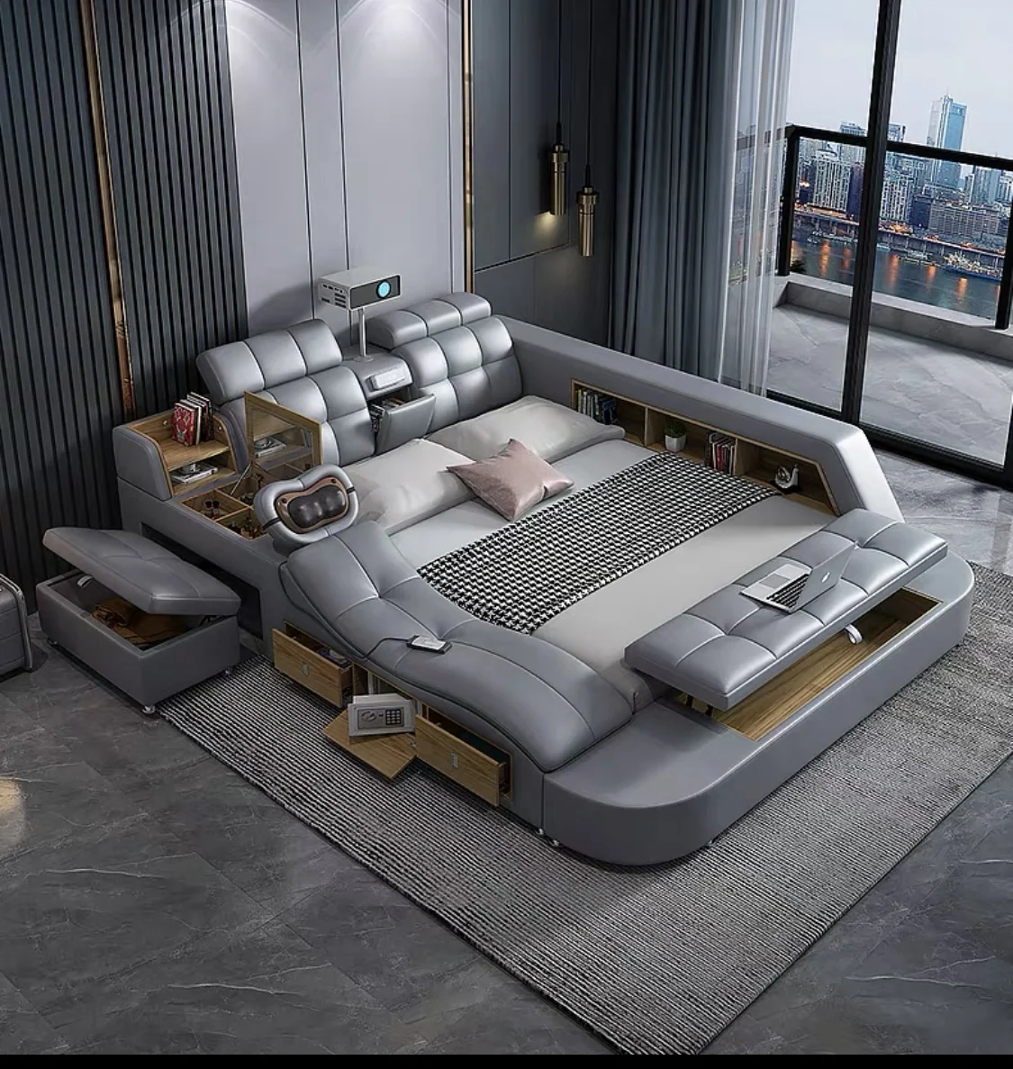 Smart massage bed luxury master bedroom multifunctional modern minimalist projector new style leather bed