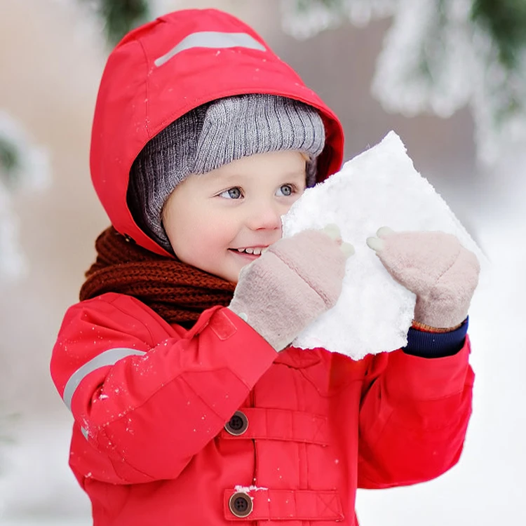 Convertible Flap Cover Kids Knitted Warm Faux Mink Fur Fingerless Gloves