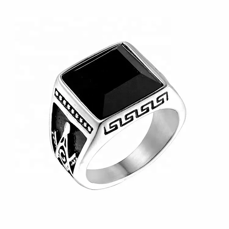Hot Selling 316 Stainless Steel Jewellery Vintage Black Onyx AG Freemason Rings for Men
