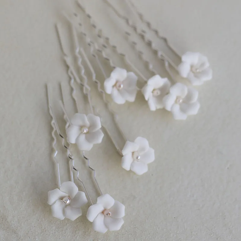 SLBRIDAL Handmade Porcelain Flower Freshwater Pearls Alloy Bridal Hair Pin Wedding Hair Sticker Women Jewelry Hair Accessories