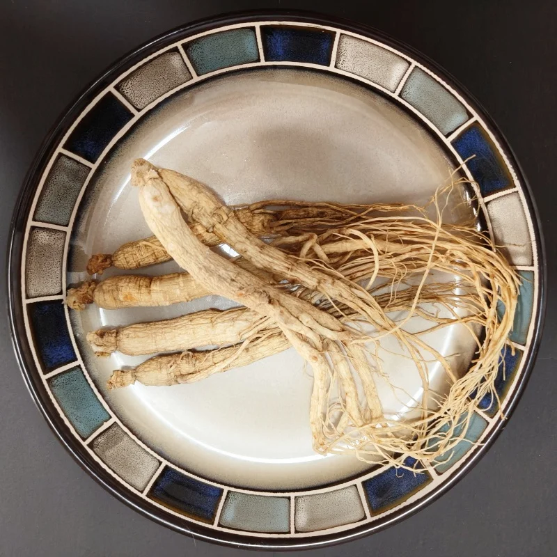 It is high quality  5 years old  dried Panax Ginseng root  sold as a raw product  and beneficial for health.