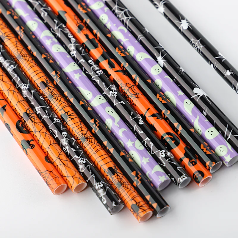 Reusable pp hard plastic Halloween printing straw,  Eco-friendly printed Halloween straws with ghost & spider designs
