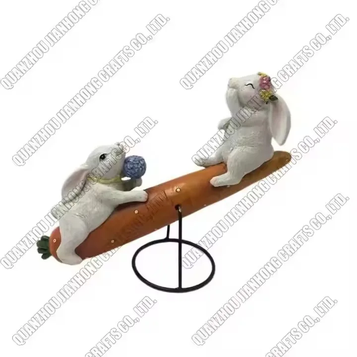 Gift Wholesale Easter Tabletop Decor Bunny Animal Figurine Home Decoration Two Rabbits and Carrot Easter Resin Statue