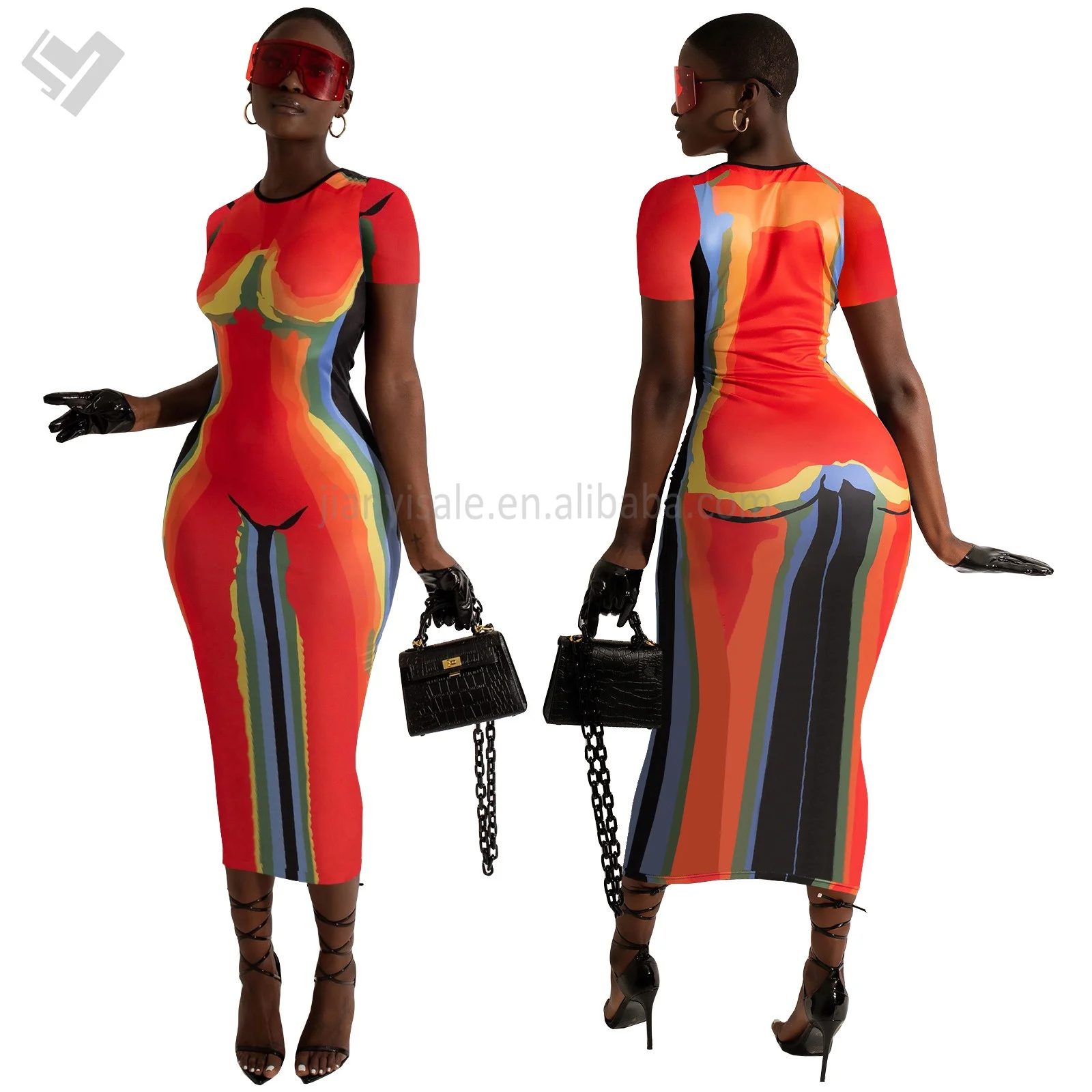 New Arrival 2024 Positioning Printed Round Neck Short Sleeved Womens Clothing Dress Party Sexy Club Bodycon Dresses