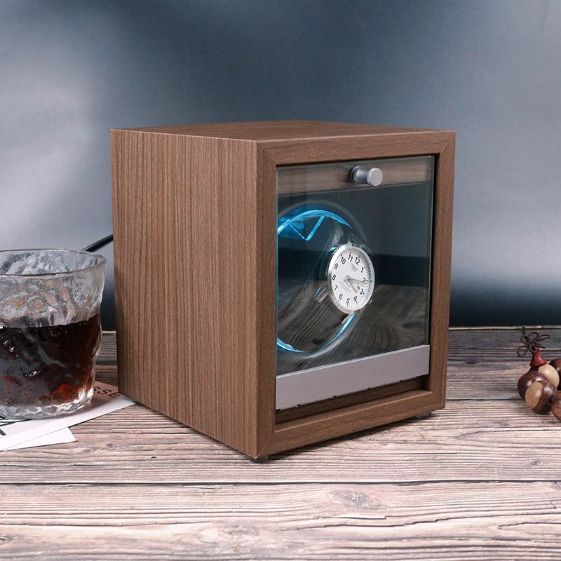 Wholesale Walnut Luxury Led Safe Watch Winder Tpd Wood Grey Single Automatic Watch Winder Gyroscope Cabinet Rotating Watch Case