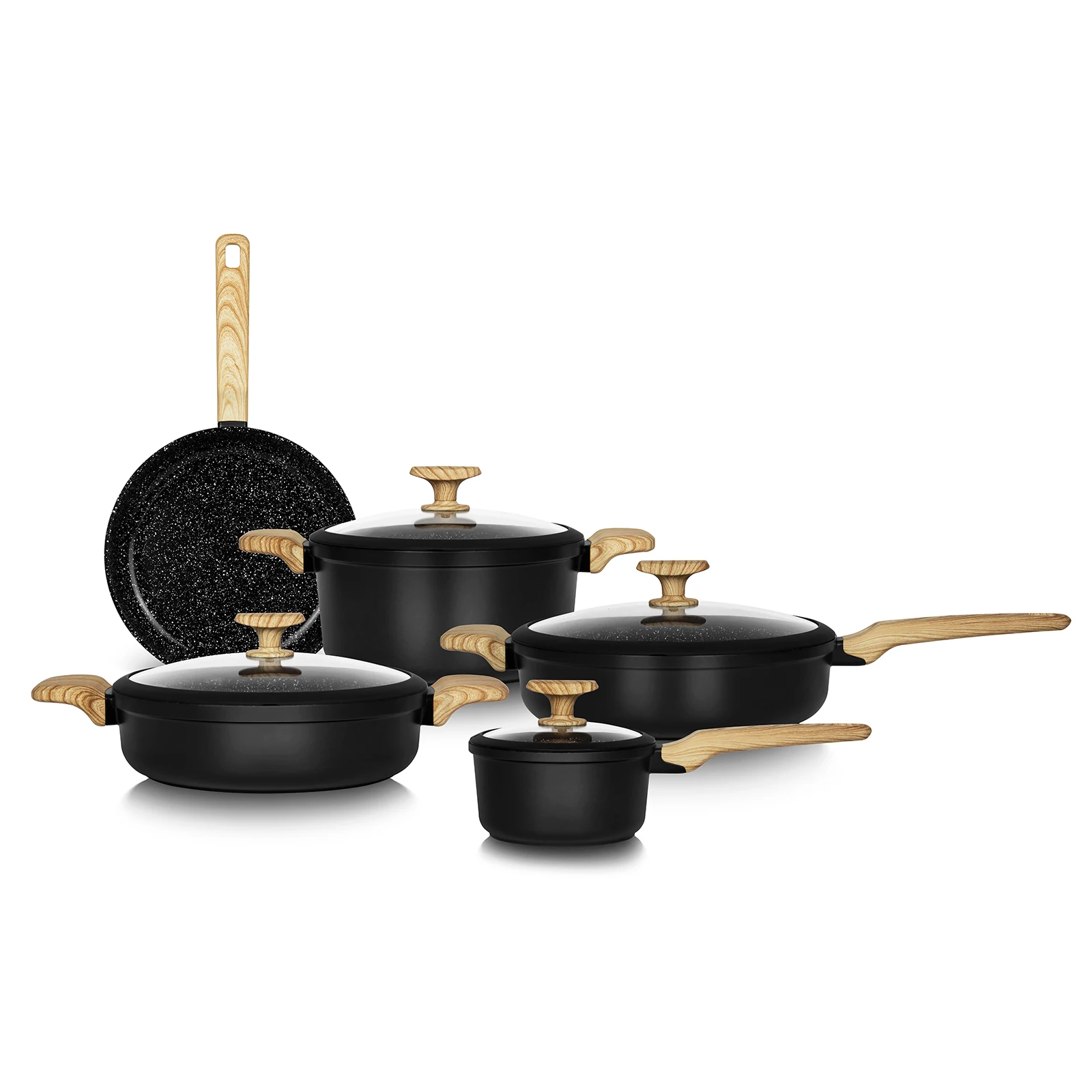 Durable home cooking ceramic marble coating die cast aluminum cookware set with square wooden handle