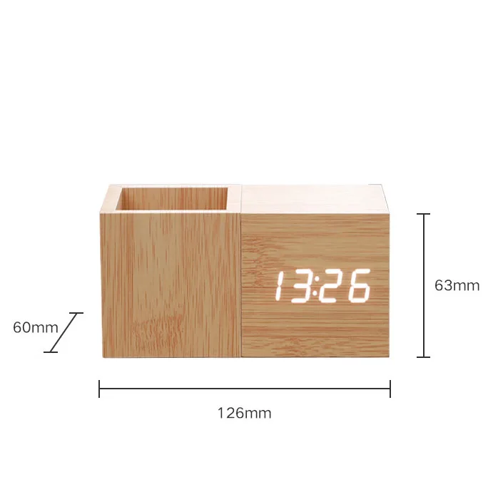 Multi-functional Creative Decoration Temperature Desk Alarm Clock Pen Holder With Wood Digital LED Wooden Alarm Table Clock