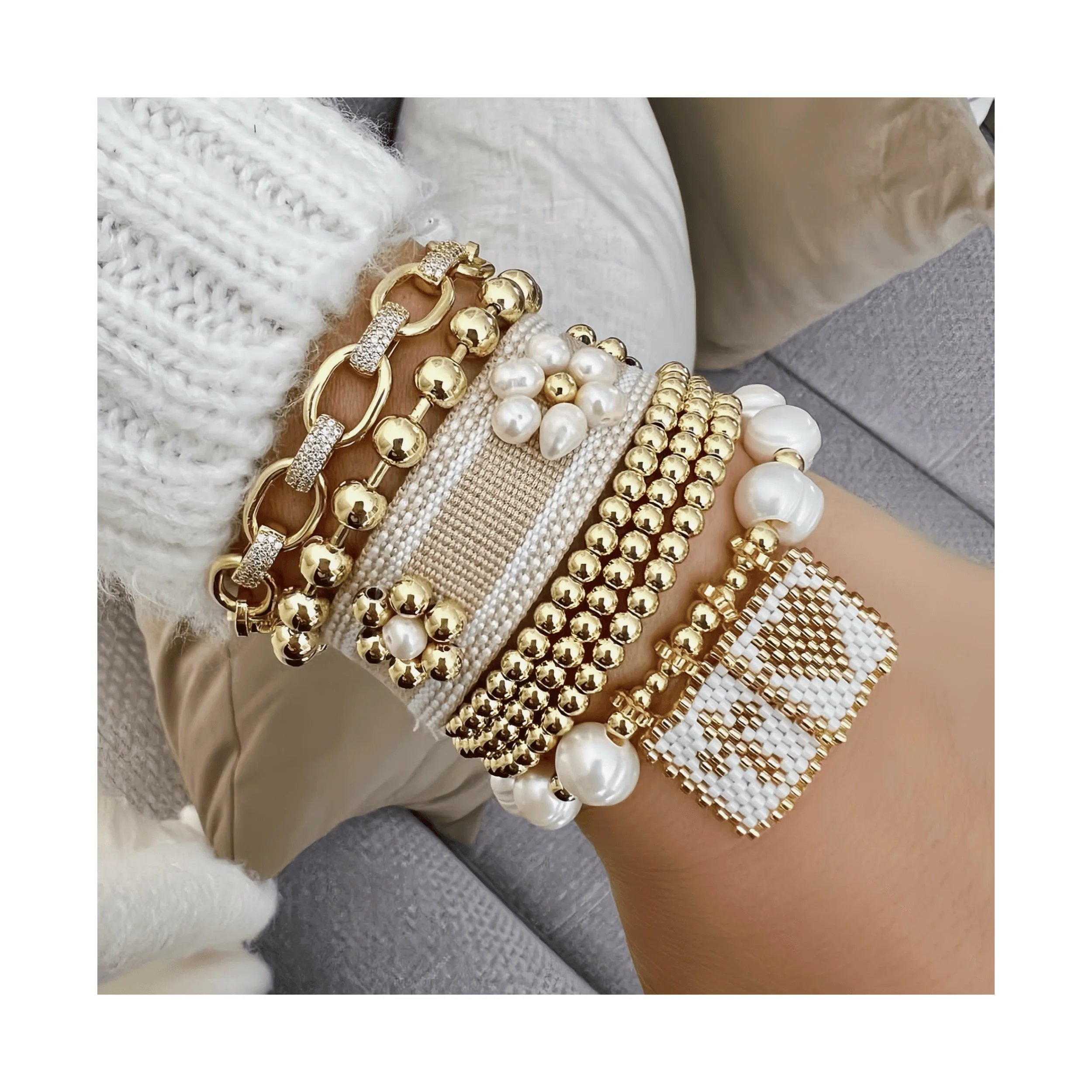 Ins popular link copper beads and woven 18k gold plated bracelet set freshwater pearl with miyuki charm bracelet women