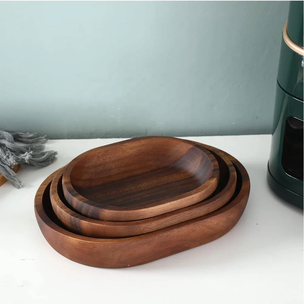 Wooden Salad bowl 3-piece Oval dessert display tray ideal for fruit food salad mixing and serving bowls