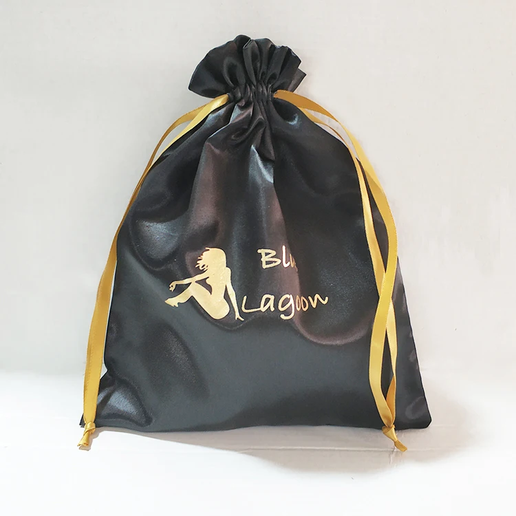 Personalized soft drawstrings satin pouch for cosmetic package, custom gold logo print black hair package dust bag