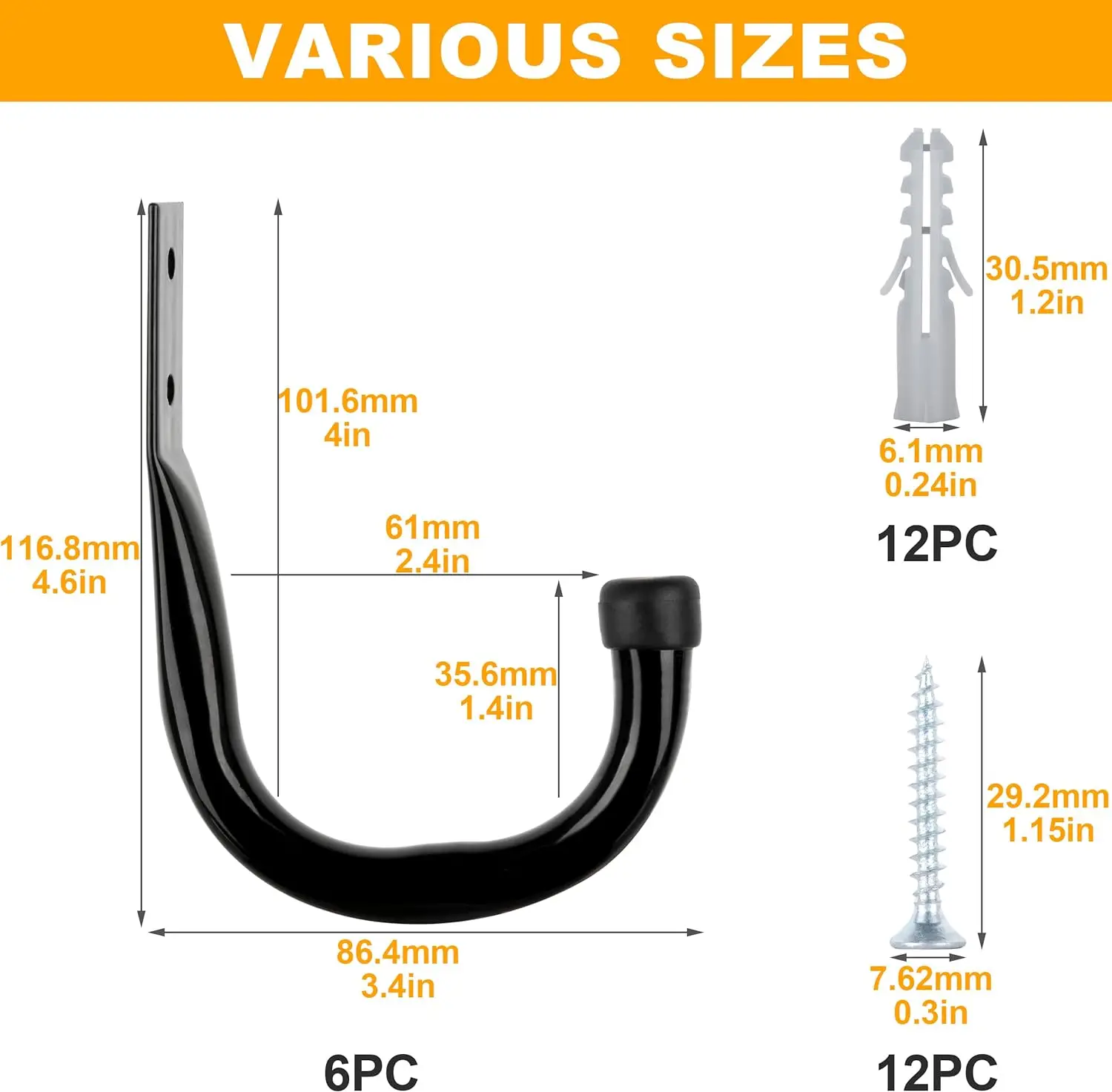 Utility Double Hooks 8 Pcs Steel Bucket Bracket Non-Slip Rubber Tool Hooks for Bulk Items, Bicycles