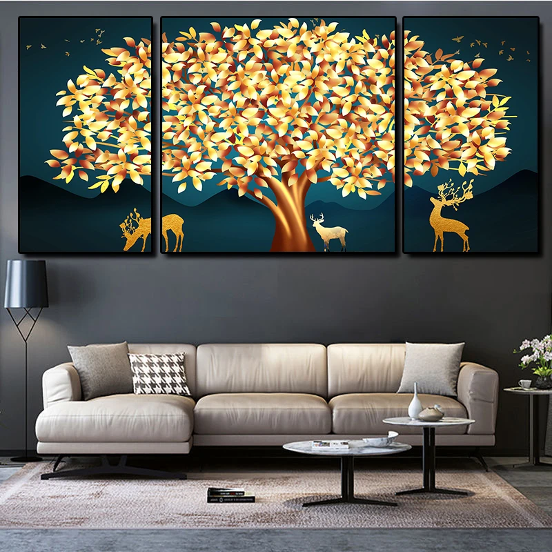 3 Panels Fortune Tree Golden Deer Abstract Nordic Luxury Decor Living Room Bedroom Home Wall Art Prints Poster Canvas Paintings