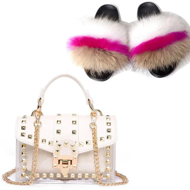 Шлепанцы женские с мехом лисы, милые пушистые меховые тапочки, Желейная сумка на плечо, комплект обуви, пляжные меховые сандалии через плечо