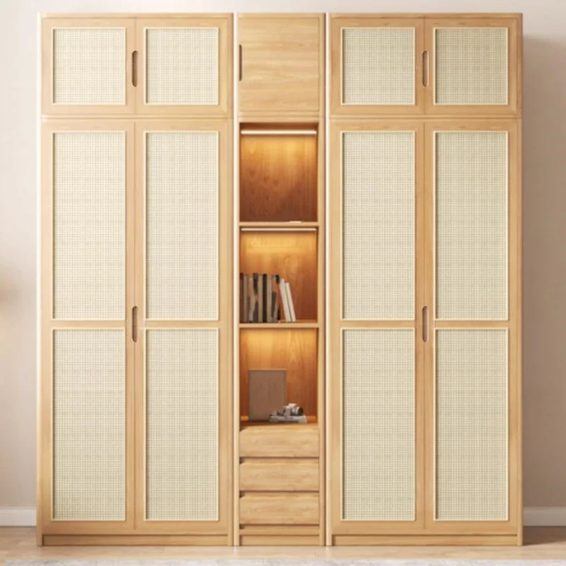 Hotel home apartment design high quality bedroom furniture rattan cabinet four door double door wooden wardrobe