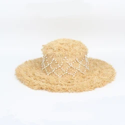 Женская шапка в стиле ins, летняя шапка ручной работы с жемчугом, праздничная пляжная Соломенная Шапка с большой рафией и жемчугом, новинка 2021