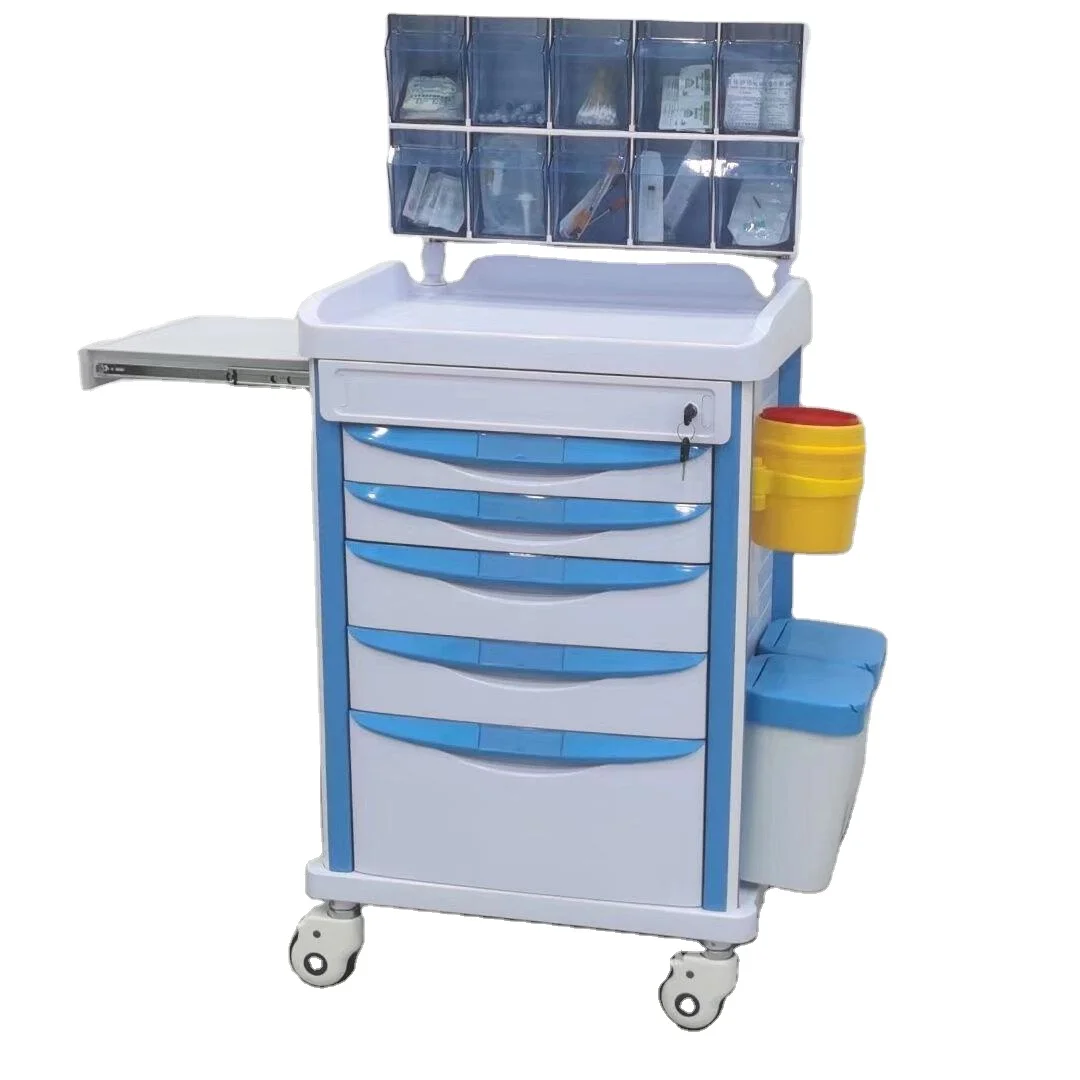 Hospital Furniture 5 Drawer Medical Anesthesia Trolley Plastic Emergency Trolley Medical Cart Factory Price