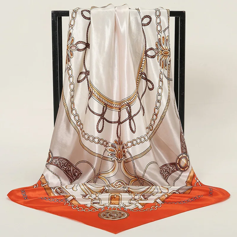 HZW-23058 Newest Satin Chiffon Scarf Women Luxury Designs Printed Square Hijabs Shawls Female Scarves