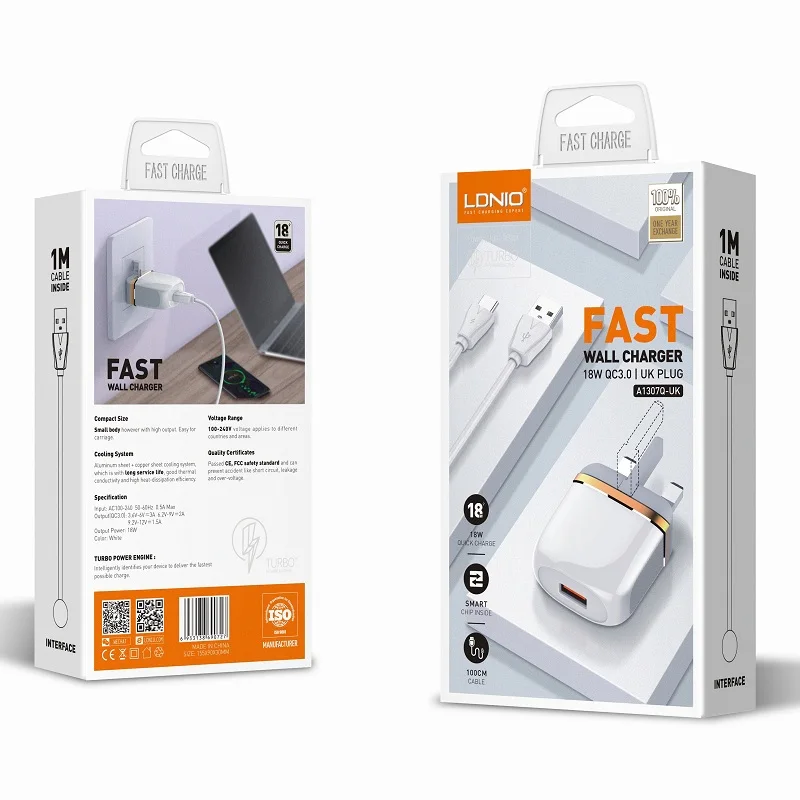 Быстрое зарядное устройство A1307Q LDNIO QC3.0 с одним USB-портом домашнее для iPhone 13/ Samsung мобильный телефон