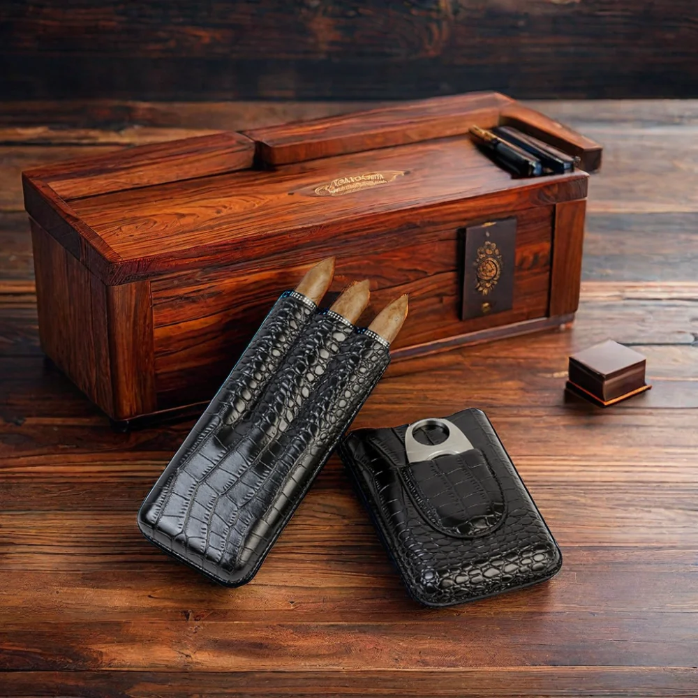 Vanace High Quality Custom Logo Factory Custom PU Imitates Crocodile Leather Cigar Humidor  Bag 3 Finger Cigar Bag With Cutter