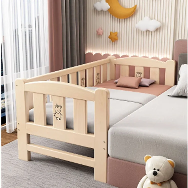 Luxury Solid Wood Baby Room Furniture Wooden Baby Beds 2 in 1 Solid Pine Wood Baby Bed with Detachable Guardrails