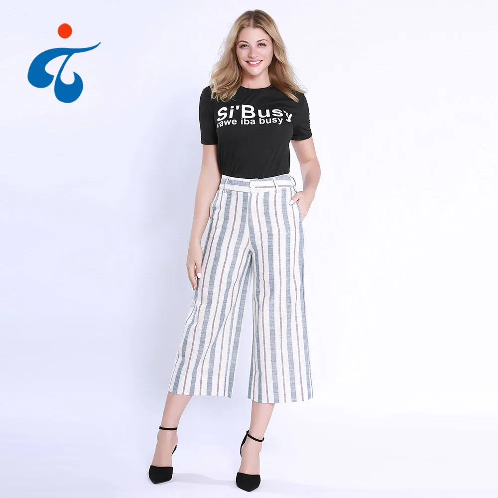 Wholesale oem striped casual cotton latest fashion wide leg trousers pants designs for women
