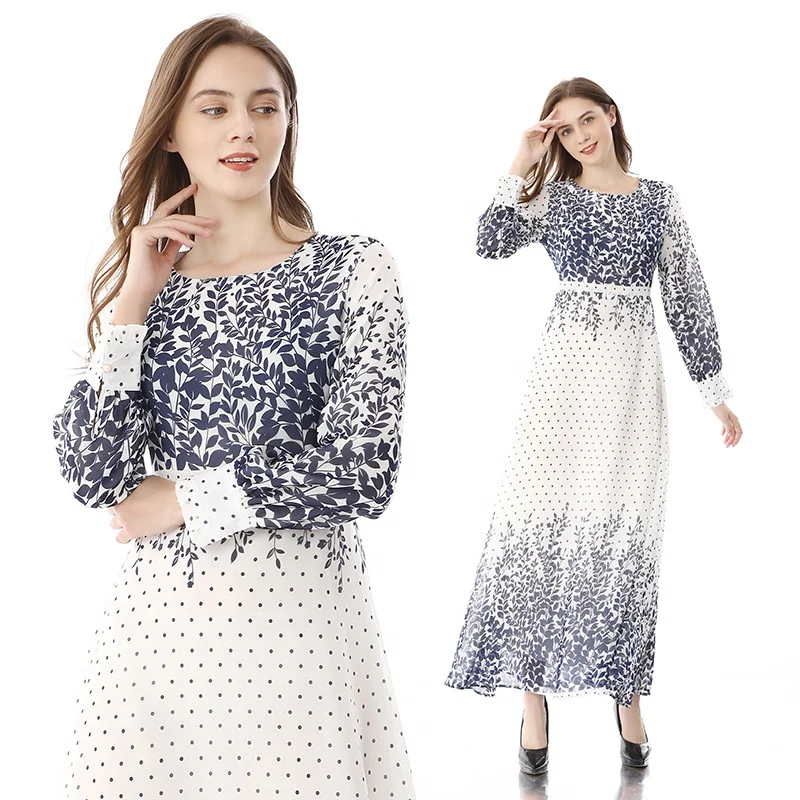 fashion High Waist Chiffon Pleated a Line Long Sleeve islamic  Women Maxi oversize Floral muslim dress With Dress For Ladies
