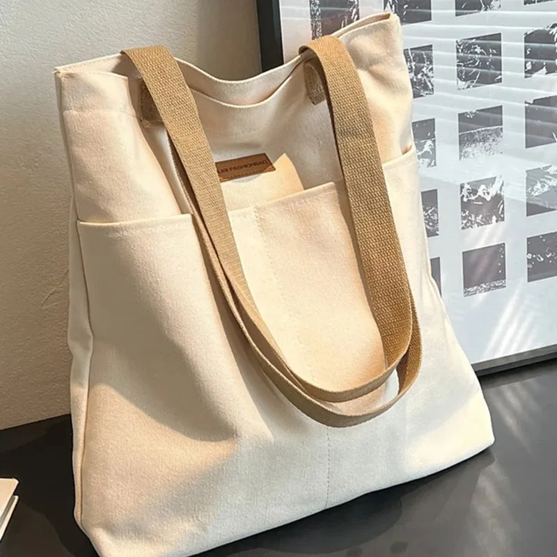 New Fashion College Style Custom Large Cotton Canvas Tote Bag with Pockets for Women Shopper and Student Class