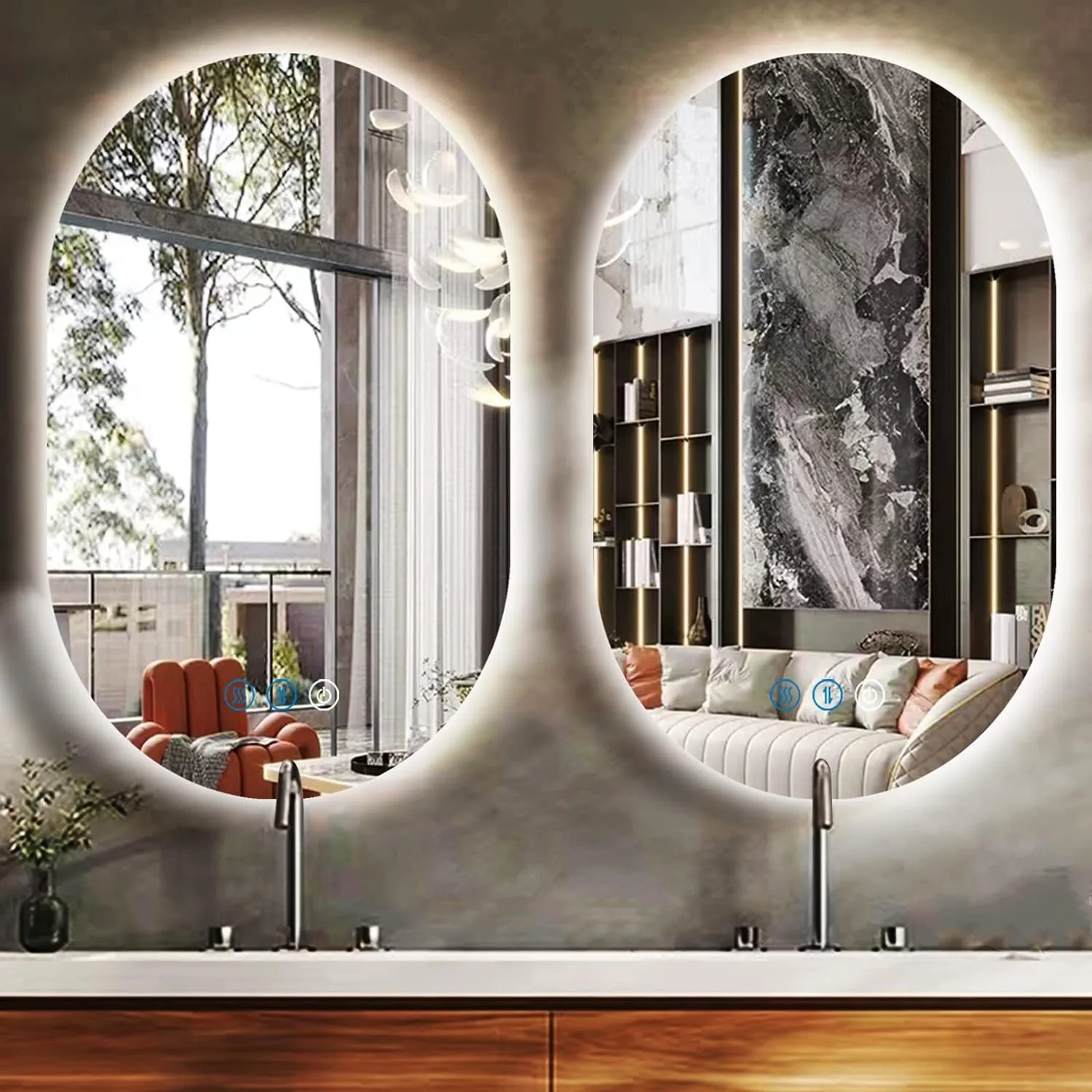 Modern round frameless LED smart touch switch unbreakable adhesive full length body large wall salon gym dressing decor mirror