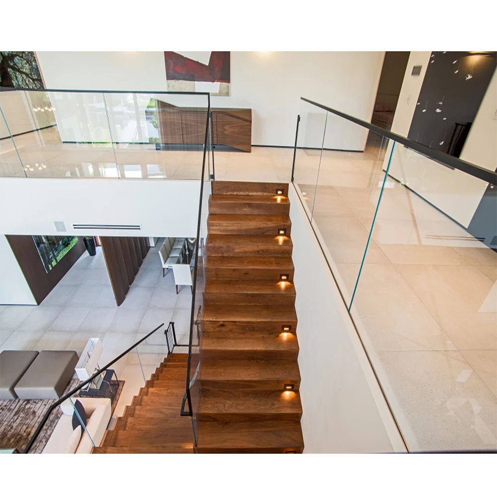 Framed Aluminum U Profile Tempered Glass Railing with Wood Top Handrail for Balcony Stairs