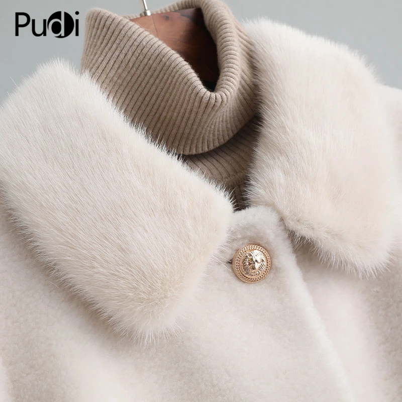 A19036 New Women Real Wool Fur Coat Genuine Mink Collar Casual  Jacket Real Fur Girl Coat Lady Fall Winter Warm Overcoat