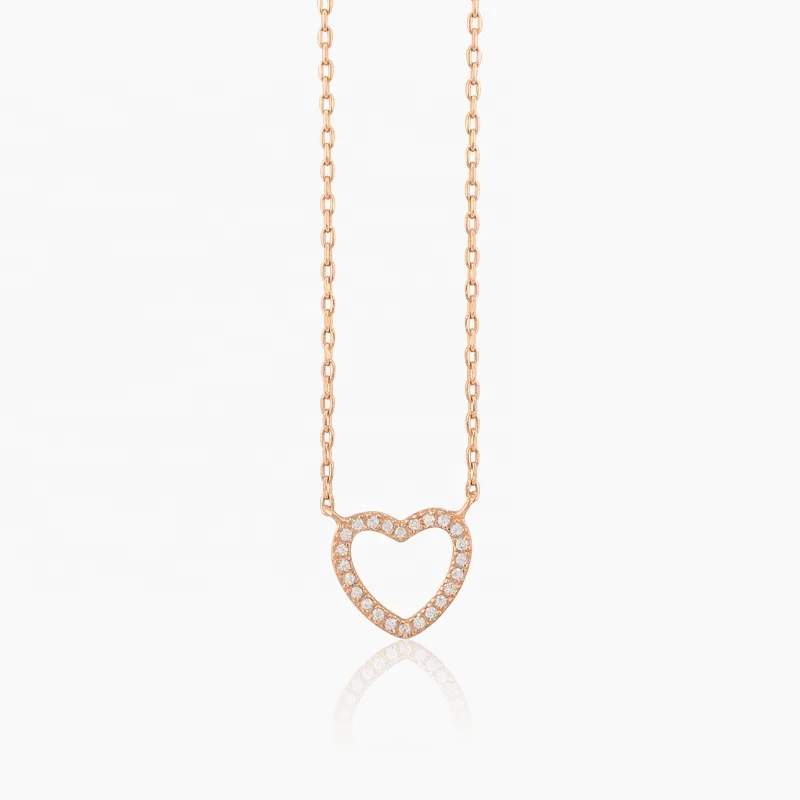 Simple Design Hollow Small Dainty Heart With  3A Zircon Stone 18 k Gold Plated 925 Sterling Silver Necklace Jewelry