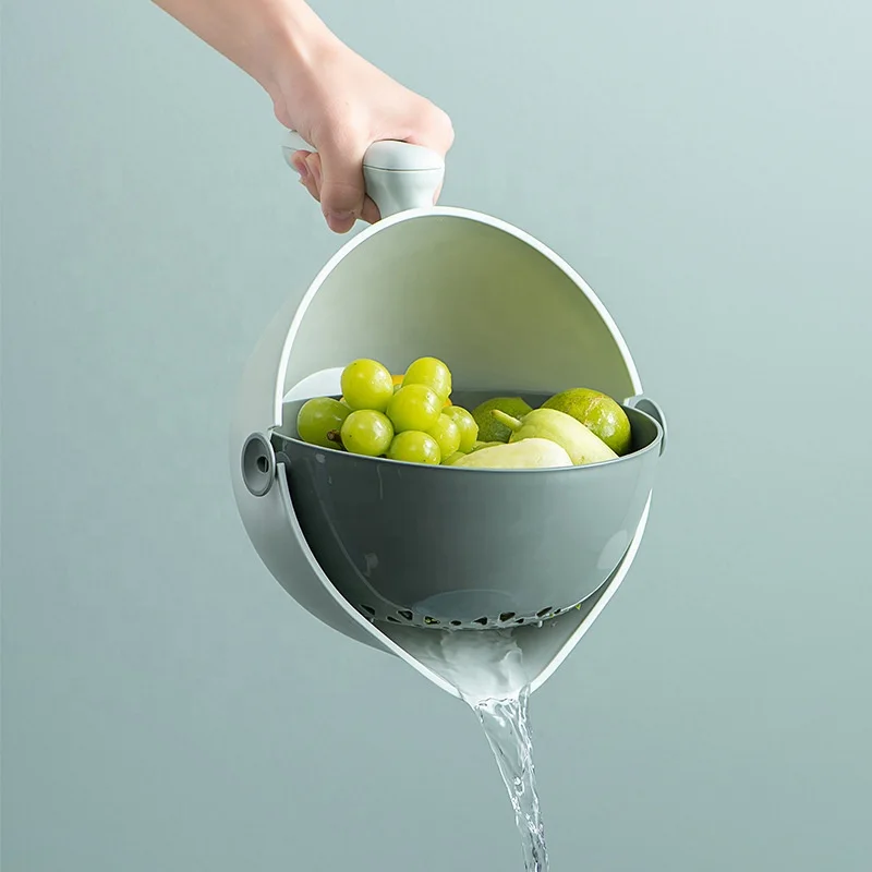 Dual-Layer Plastic Rotating Drain Basket for Washing Fruits and Vegetables Wash Colander & Strainer Food Safe Use
