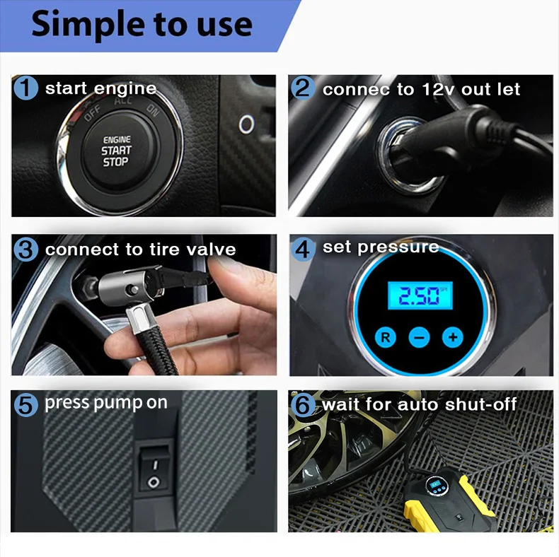 CARSUN 139901 Portable Automatic Digital Display Motorcycle Tire Inflator Bike Accessories With Psi Car Air Pump