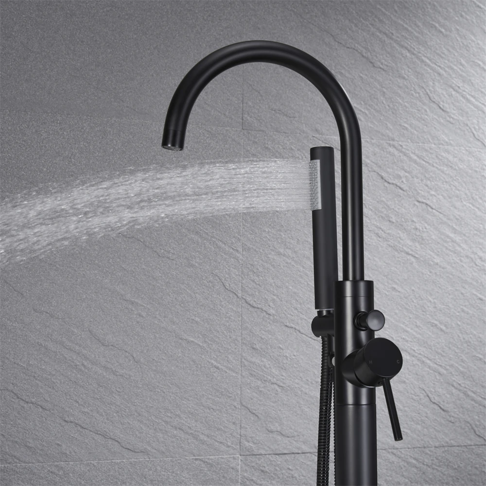 China Factory Supply Freestanding Matt Black Floor Mounted Bathroom Brass Bathtub Faucets With Hand Shower