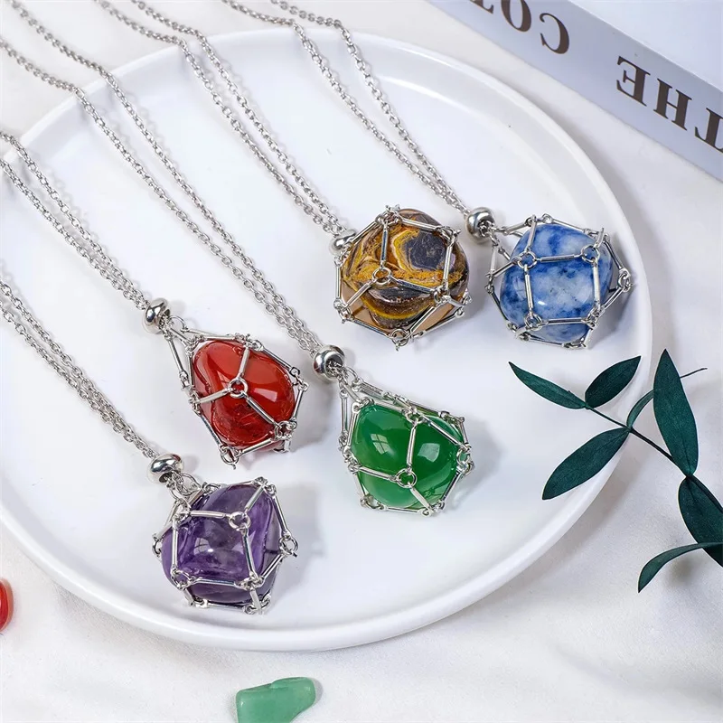 Wholesale White Pink Quartz Tiger Eye Agate Stainless Steel Metal Net Weaving Crystal Stones Jewelry Necklace For Women