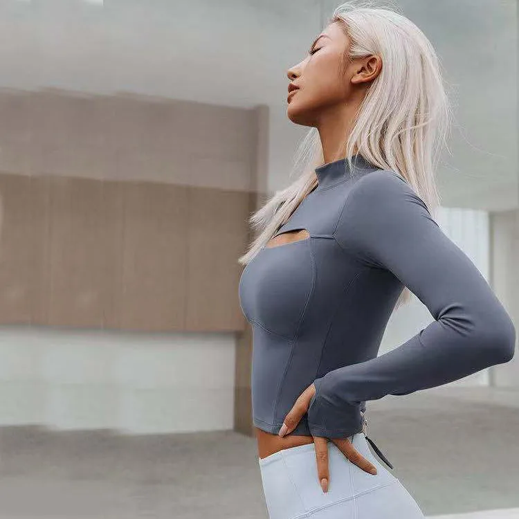 Tight Fitting Hollow Elastic Tank Top Large Size Long Sleeve Sports Fitness Tank Top Women