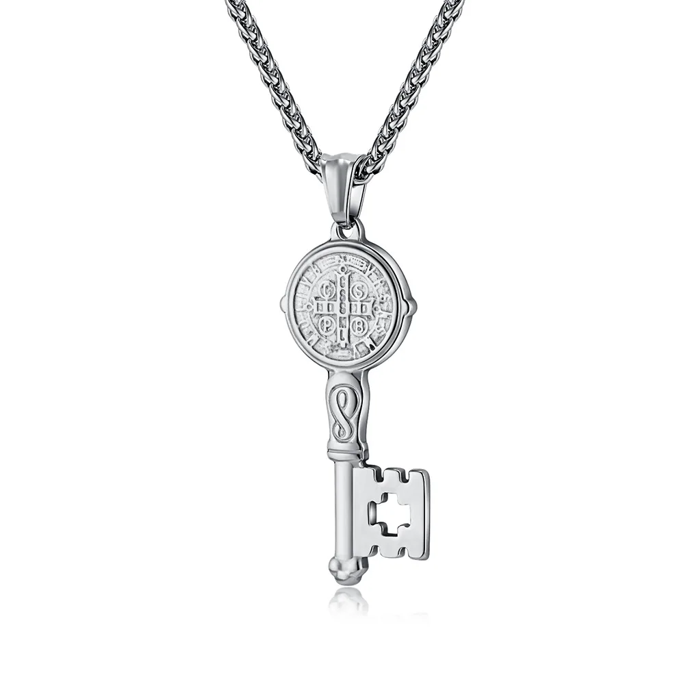 Saint Benedict Exorcist Stainless steel Key Necklace Personality Titanium steel pendant sweater chain for man