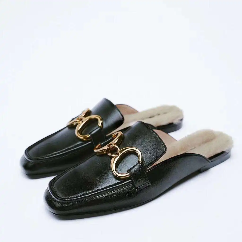 Button Flat Women Mules British Classical Ladies Winter Black Fur Warm Mules Custom Metal 2024 Custom Logo Fashion for Lady PU