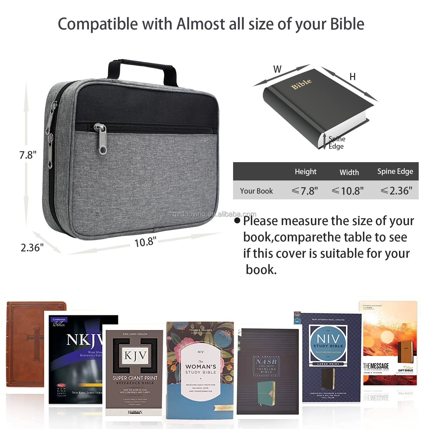 Bible Cover Carrying Book Case Church Bag Bible Protective with Handle Zipper Front Pocket Inner Mesh Pocket Grey&Black