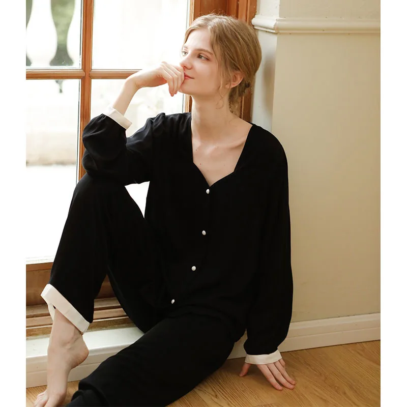 Soyal Spring Fall Satin Drill Lounge Wear Pajamas Set, Autumn Luxury Collarless Long Sleeve Women Pajamas Suit