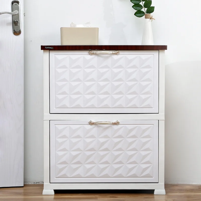 High Quality new plastic shoe storage cabinet with MDF wooden top