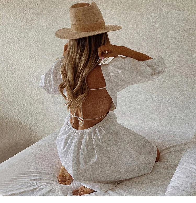 Women Summer Dress Summer Fashion White Elegant Puff Sleeve Backless Party Beach Dress Vacation Casual Mini Dress