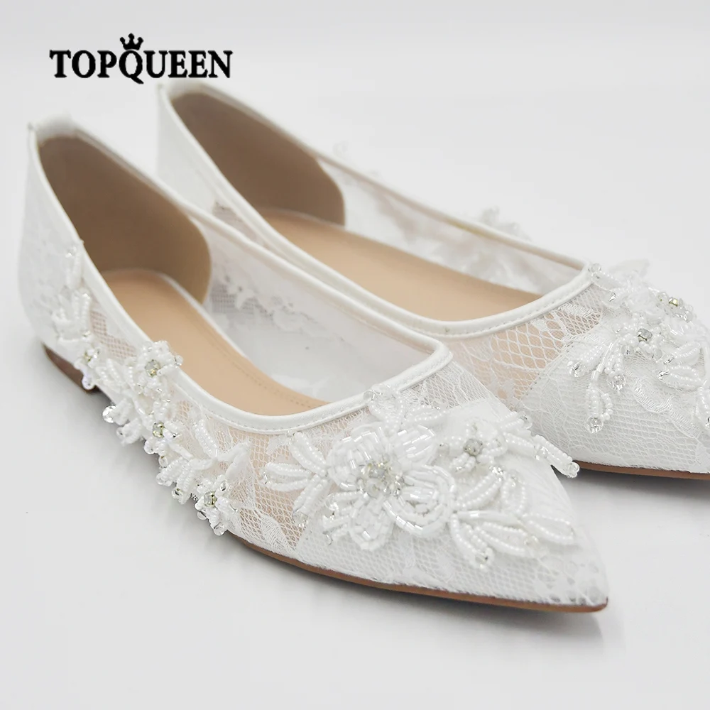 YouLaPan A40 Luxury Ladies Wedding Shoes White Beaded Lace Trim Mesh Sheer Summer Sandals Wedding Party Dress Flats