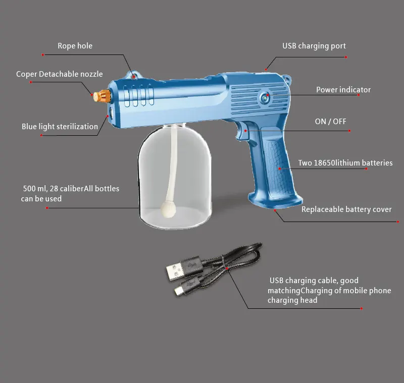
Wireless Portable Blue Ray Light Nano Spray Steam Atomizer Gun Home Sterilized Atomizing Disinfectant Machine With Battery 