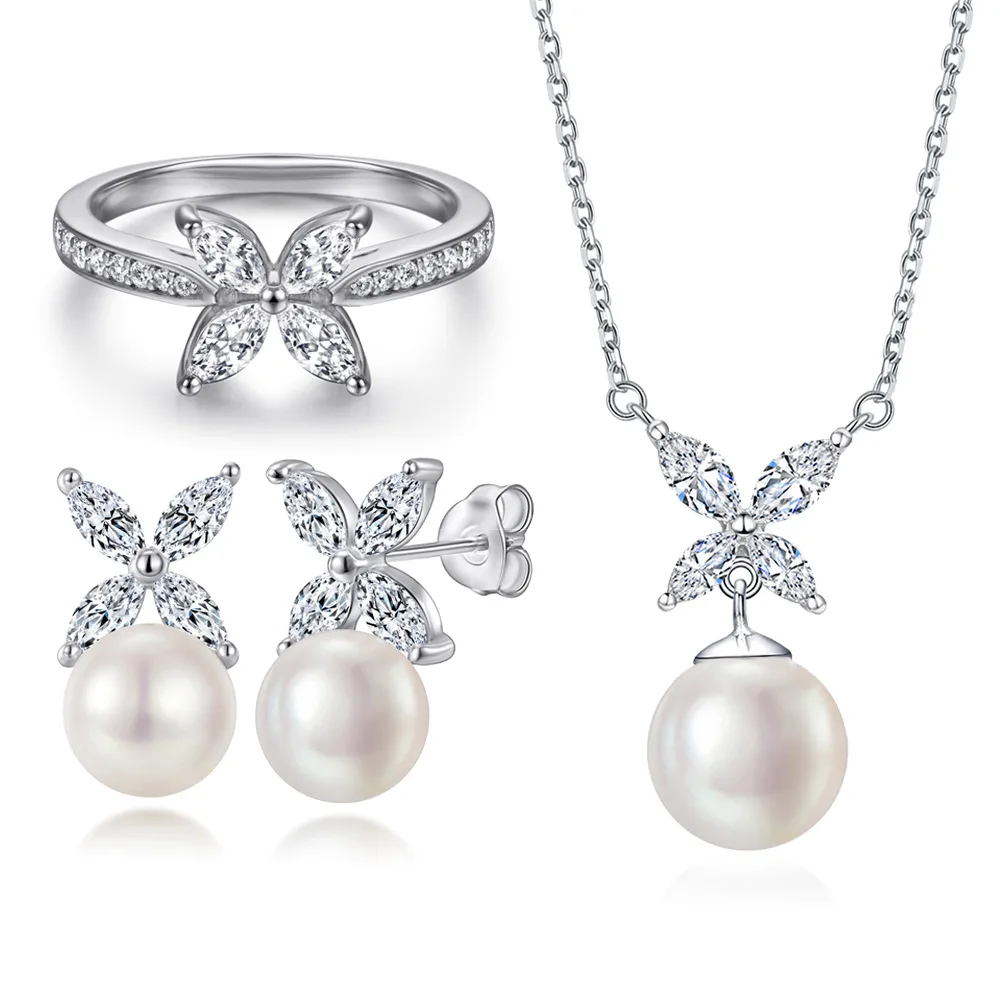 2023 3pcs Fashion Wedding Bride Micro Inlay Zircon Pearl Diamond Earrings Necklace Ring Fine S925 Sterling Silver Jewelry Set