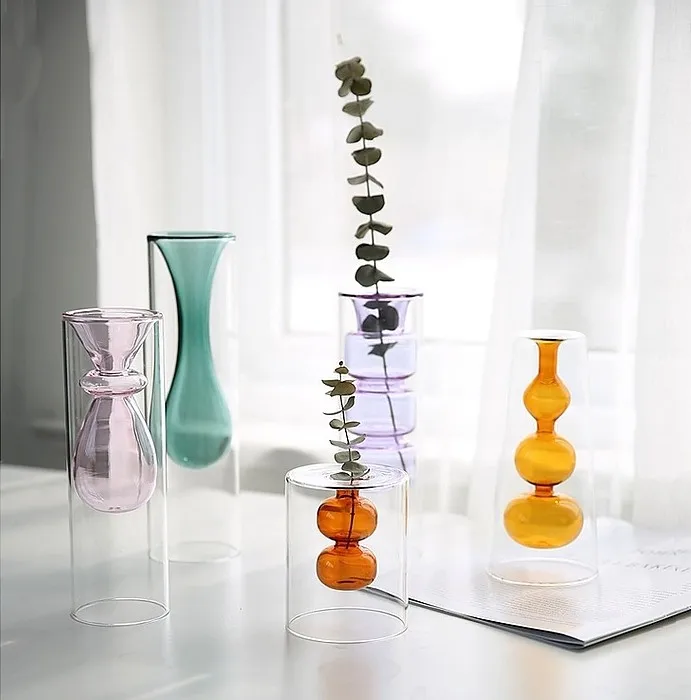 
Scandinavian Style Mouth Blown Double Walled Pink Amber Cone Shaped Glass Flower Vase for Home Decor Office Decor 