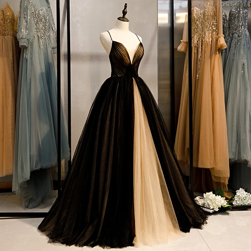Wholesale Elegant Black Champagne Blended Sheer A-Line Prom Dress Invisible V-Neck Slim Strap Formal Occasion Dresses for Women