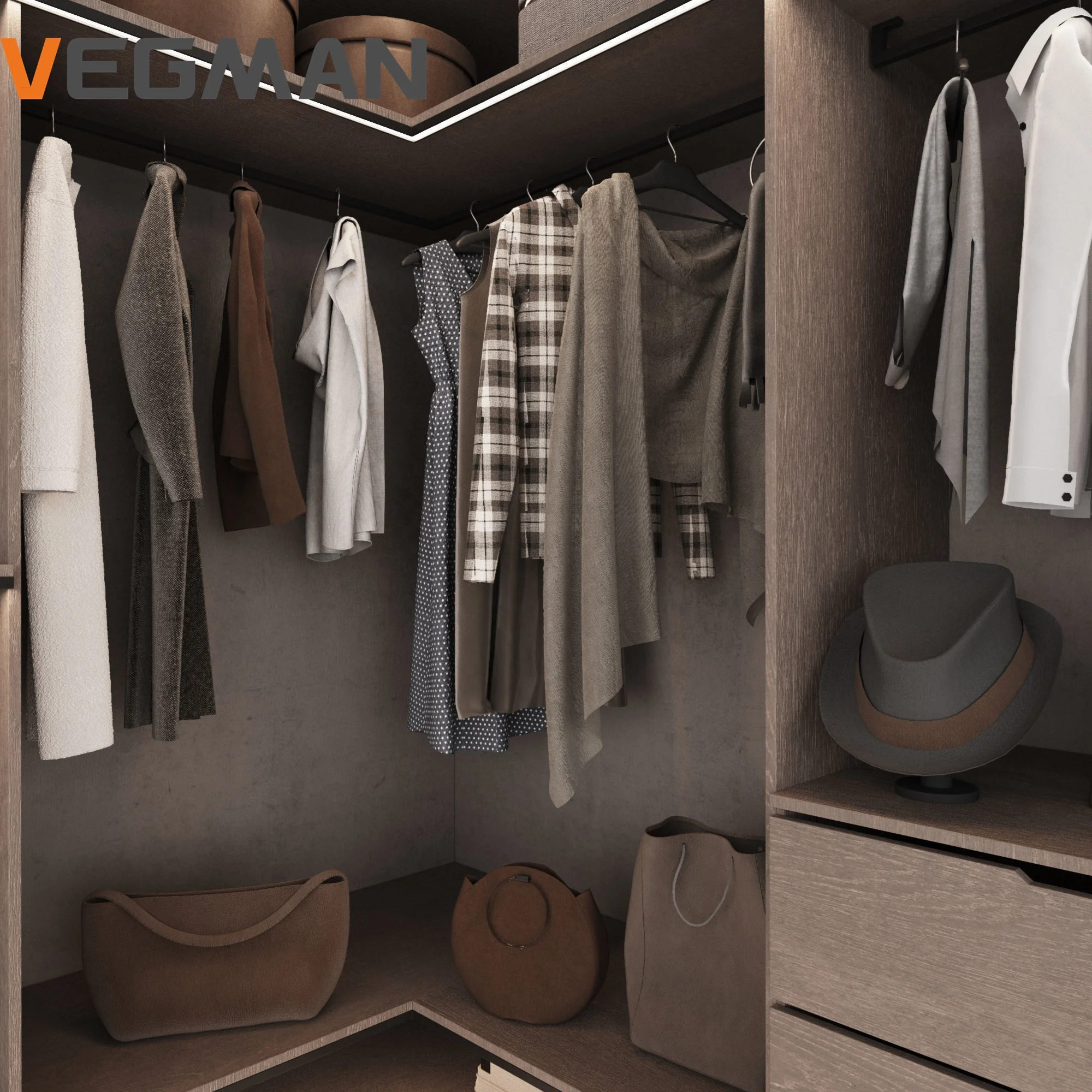 European Style Custom L Shape Brown Bedroom Wooden Panel Walk In Wardrobe Closet