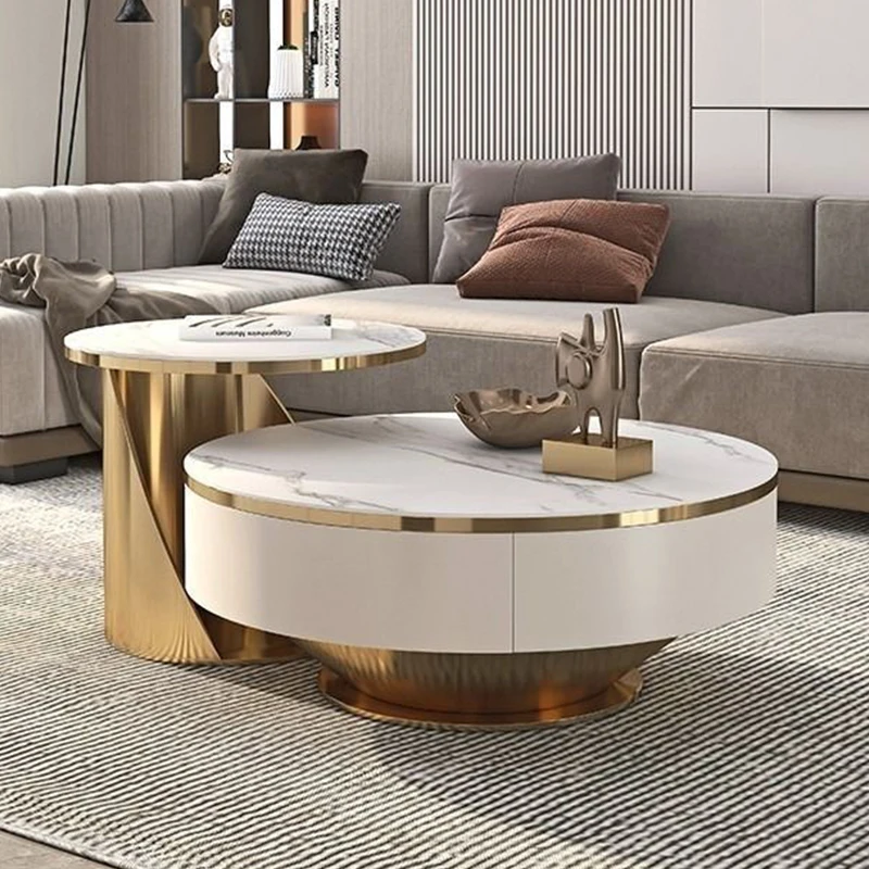 Modern Design White Round Marble Dlate Coffee Table Set Wooden Furniture Gold Metal  Luxury Center Table For Living Room